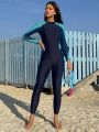 SHEIN Swim SPRTY Women's Stand Collar Color Block Long Sleeve One-Piece Swimsuit