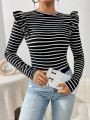 SHEIN Essnce Striped Ruffle Hem Long Sleeve T-shirt