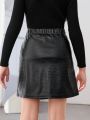 SHEIN Kids HYPEME Girls' Solid Color Asymmetrical Hem Pu Leather Skirt