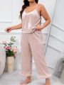 Plus Fuzzy Trim Velvet Robe & Cami Top & Pants PJ Set