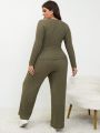 SHEIN Frenchy Women's Plus Size Solid Color Knit Ribbed Casual Two-piece Set