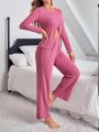 Ladies' Pure Color Ribbed Knitted Home Wear Set