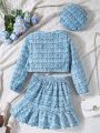 SHEIN Kids QTFun Tween Girl Contrast Binding Jacket & Bow Front Ruffle Hem Skirt & Hat