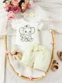 SHEIN Newborn Baby Cartoon Graphic Ruffle Trim Bodysuit & Polka Dot Bow Front Shorts & Headband