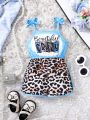 Baby Girls' Leopard Printed Letters Pattern Splice Romper With Strap Shorts