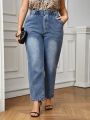 SHEIN LUNE Plus Size Tapered Jeans With Washed Effect And Paper Bag Waist