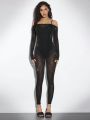 SHEIN BAE Women's Perspective Mesh Sexy Jumpsuit With Flash, Fine Striped Patterns, One Shoulder, Long Sleeves, Skinny Foot, Perfect For Nightclubs Or Outings, Black Color