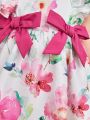 SHEIN Baby Girls' Casual Floral Pattern Dress With Bowknot & Ruffle Hem