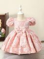 Baby Girl Jacquard Puff Sleeve Bow Front Gown Dress