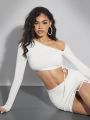 SHEIN BAE Women's White Off-Shoulder Asymmetric Hem Long Sleeve Crop Top And Short Drawstring Ruffle Mini Skirt Set