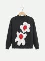 Tween Girl Floral Pattern Scallop Trim Sweater