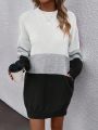 Women's Three-tone Spliced Round Neck Mid-length Sweater Dress