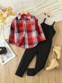 SHEIN Kids SUNSHNE Little Girls' Woolen Plaid Lined & Solid Color Jumpsuit, Chic And Casual 2pcs Set