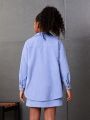 SHEIN Kids Cooltwn Tween Girl Patched Pocket Drop Shoulder Corduroy Shirt & Skirt