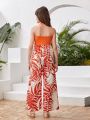 Teen Girl Tropical Print Splicing Halter Wide Leg Jumpsuit