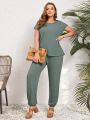 EMERY ROSE Plus Size Solid Color Casual Two Piece Set