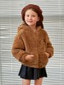 SHEIN Young Girl Bear Patched Drop Shoulder Zipper Teddy Jacket