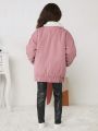 SHEIN Kids Cooltwn Tween Girl Letter Patched Borg Collar Drop Shoulder Corduroy Jacket