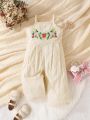 Baby Girl Floral Embroidery Fold Pleated Detail Cami Jumpsuit