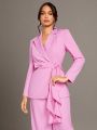 SHEIN BAE Valentine's Day Pink Twill Ruffled Belted Waist Gathered Pleated Long-Sleeved Blazer