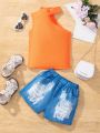 Toddler Girls' Irregular Shoulder Tank Top And Denim Printed Shorts 2pcs/Set