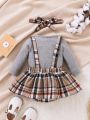 SHEIN 3pcs/Set Baby Girl Casual Long Sleeve Jumpsuit With Bowknot Suspender Skirt And Headband
