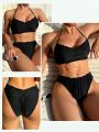 Ruffled Edge & Pleated Detail Bikini Swimsuit Set