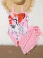 Teen Girls' Portrait Printed One-Piece Swimsuit With Swim Skirt