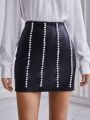 SHEIN Privé Pearl Beaded Faux Leather Skirt