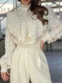 SHEIN Privé Elegant Date Ruffle Hem Decorated White Shirt