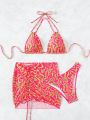 SHEIN Swim Y2GLAM Marble Print Bikini Swimsuit Set + Drawstring Beach Skirt