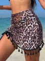 SHEIN Swim Vcay Women's Leopard Print Tassel Fringe Pleated Cover Up Skirt