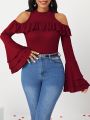 SHEIN Lady Hollow Out Shoulder Bell Sleeve T-Shirt