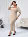 SHEIN Privé Queen Anne Collar Ribbed Plus Size Dress With Square Neckline