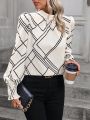 Geo Print Mock Neck Lantern Sleeve Blouse