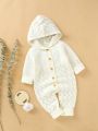 Baby Girls' Hooded Jumpsuit With Button-Front Upward Knitted Cardigan & Long Sleeve Pants