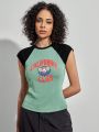 Forever 21 Color Block Patchwork Slim Fit Athletic Style Letter Printed Women's T-Shirt With Drop Shoulder Design