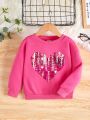 Girls' Casual Heart Shaped Glitter Details Long Sleeve Sweatshirt With Round Neck For Fall And Winter