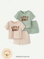 Cozy Cub 4pcs/Set Baby Boy's Letter Print Short Sleeve Pullover Top & Shorts Outfit