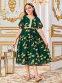 SHEIN Kids Nujoom Tween Girls' Slim Fit Cute Leaf Print V-Neck Dress