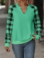 Women's Plaid Splicing Raglan Sleeve Notched Neckline Sweatshirt