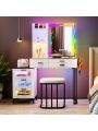 Kasibie RGB LED Lights Makeup Vanity Set,Grey Vanity Desk with Glam Glass Top&Hair Dryer Holder,Dressing table with USB&Wireless Charging Station,Makeup Desk with Visible 6Drawers,Open Storage ShelvesRGB LED Lights Makeup Vanity Set,Grey Vanity Desk