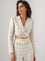 TSS Plaid Pattern Raw Trim Crop Tweed Blazer