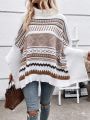 Geo Pattern Batwing Sleeve Turtleneck Poncho