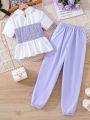 SHEIN Kids FANZEY Girls' (Big) Short Sleeve Striped Button-Front Top And Elastic Cuff Long Pants Set