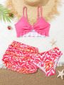 Girls' Three-Piece Tie-Dye Swimsuit Set With Ruffled Skirt And Bowknot Detail