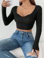 SHEIN PETITE Solid Color Long Sleeve Crop Top T-Shirt