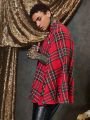 SHEIN Men Tartan Print Mock Neck Cloak Sleeve Overcoat