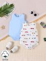 Baby Boys' Blue And White Car Printed Set Of Romper And Hat, Spring And Summer