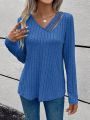 Solid Color Ribbed Knit Asymmetrical Neck Hollow Out T-Shirt